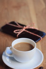 hot coffee with smart phone
