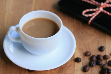 hot coffee with smart phone