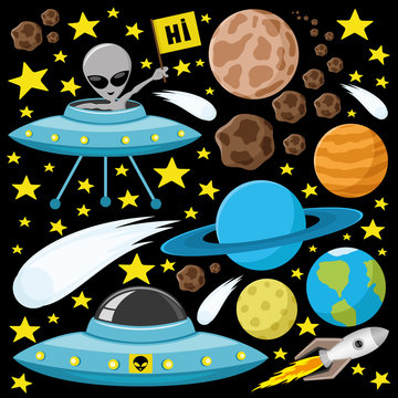 Alien, planet, comets, asteroids and stars for your design.