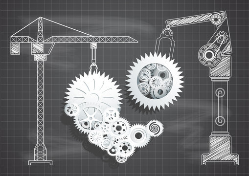  Construction of gears and cogs heart blueprint chalkboard vector