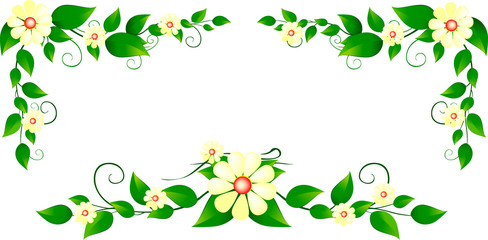 Daisies, blue and yellow wild flowers and green leaves on the white background