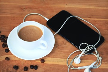 hot coffee with smart phone