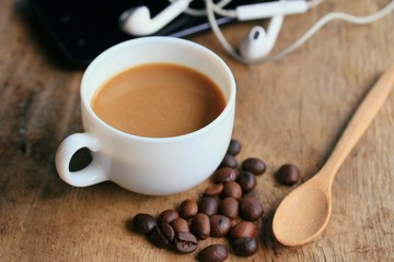 hot coffee with smart phone