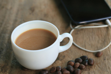 hot coffee with smart phone