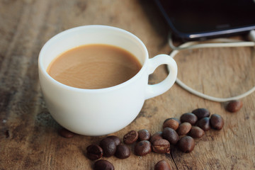 hot coffee with smart phone