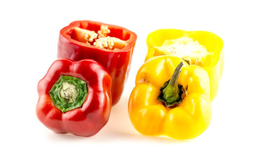 Red bell pepper and yellow capsicum with tops cut off