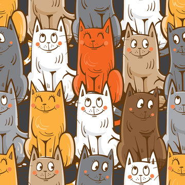 Vector seamless pattern with cute cartoon cats  on gray  background.