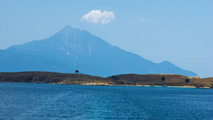 Olive trees on a small island in front of the holy mountains Athos, Greece