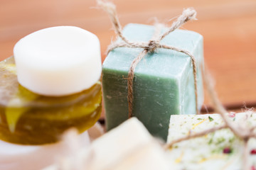 close up of handmade soap bars on wood
