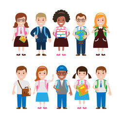 school kids character set. school children with backpacks books globe isolated on white background