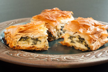 Home made spinach and feta pie. A popular Greek Cypriot dish made with layered filo pastry.