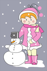 Redheaded girl in pink coat with snowman