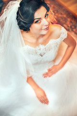 bride in a white dress looks in the frame