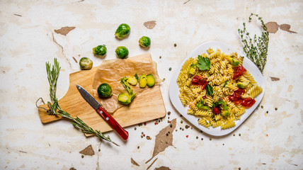 Pasta with Brussels sprouts, herbs and spices.