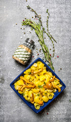 Pasta with mushrooms, herbs and olive oil.