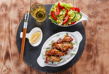 Teriyaki chicken with rice and salad