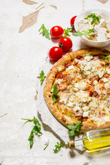 Cheese pizza with tomatoes and fresh cheese.