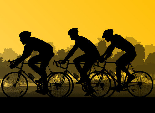 Bicyclist riding bicycle group marathon background silhouette ve