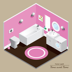 Bathroom 3D interior. Pink background.
