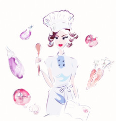Chef with Vegetables. Illustration of a Cook 