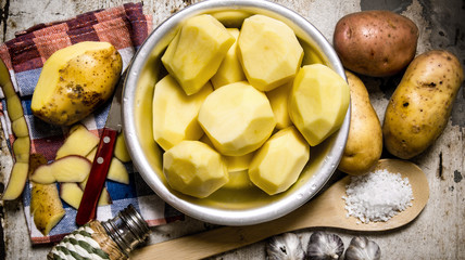 The concept of peeled potatoes in a bowl on the rustic background .