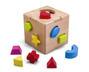 Wooden puzzle box toy with colorful blocs isolated on white with