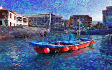 Fototapeta na wymiar Water landscape with houses and fishing boat
