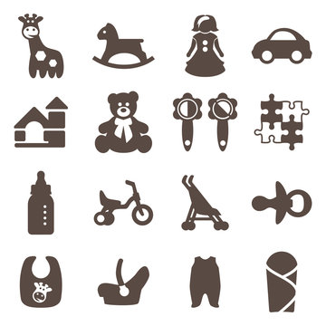 Goods for newborns icons. Shop for children.Toys icons. Vector signs. Set toy store.