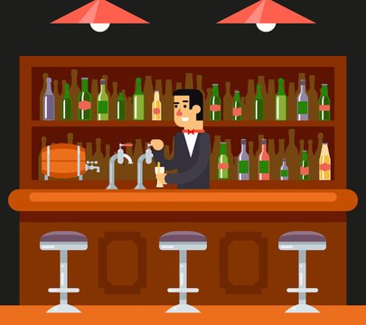 Pub Bar Restaurant Cafe Barkeeper Character Symbol Alcohol Beer House Interior Icon Background Concept Flat Design Template  Vector Illustration