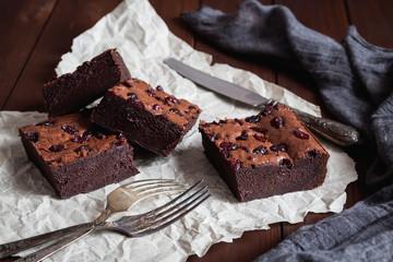 Cake chocolate brownies on wooden background