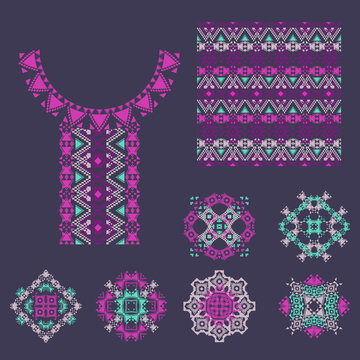 Vector set of decorative elements for design and fashion in ethnic tribal style