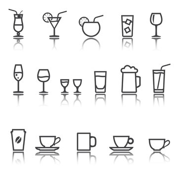 set of linear icon. Glassware for beverages. Cocktails, glasses and cup. shadow reflection.