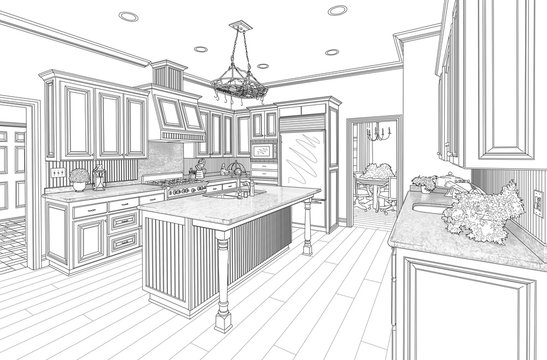 Black Custom Kitchen Design Drawing on White