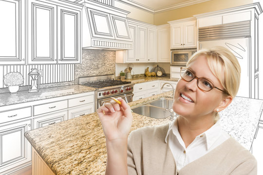 Woman With Pencil Over Custom Kitchen Drawing and Photo Combinat
