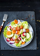 Vegetables salad with lettuce,radish,tomatoes,onions,cucumber an