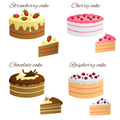 Cake raspberry strawberry chocolate cherry sweet food set illustration vector