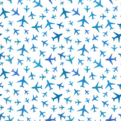 Many blue planes icons on white, seamless pattern