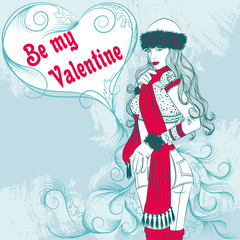 Plakat Sexy winter girl with a decorative valentine heart