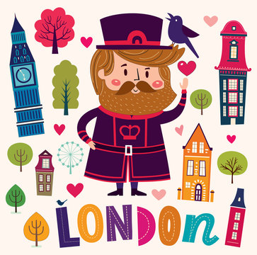 Vector colorful illustration with ravenmaster from Tower of London