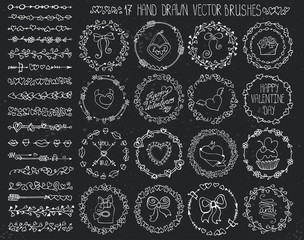 Love heart doodle brushes.Valentine,wedding wreath.Chalk