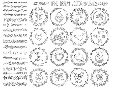 Love Heart Doodle Brushes.Valentine,wedding Wreath.Color