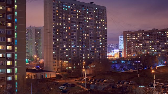 Night scene in Moscow residential quarter. Timelapse