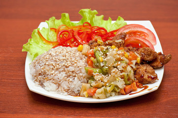 rice with roasted meat and vegetables