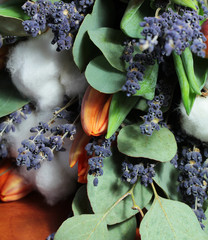 Bouquet of tulips, eucalyptus, lavender and cotton