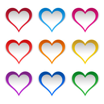 Colored hearts stickers set.
Popular colors: scarlet, sky blue, pink and six rainbow colors.