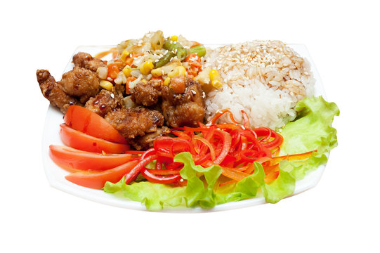 rice with roasted meat and vegetables