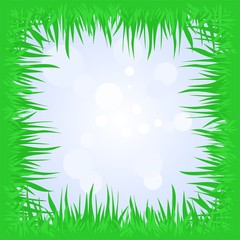 Spring background with green grass as a frame with a blue sky and sun reflections