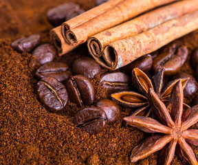 Close-up of coffee beans on pile of roasted coffee. Coffee beans