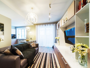 A big Modern living room with TV