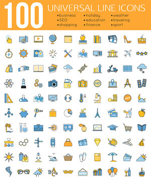 Set of 100 Minimal Universal Line Icons. Business and finance,  seo and education, shopping and holiday,  weather and traveling, sport.